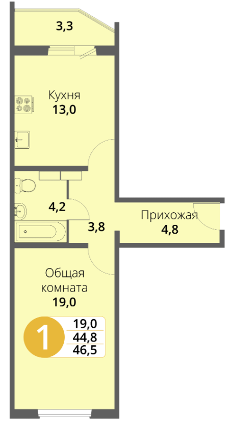 16 этаж 1-комнатн. 46.5 кв.м.