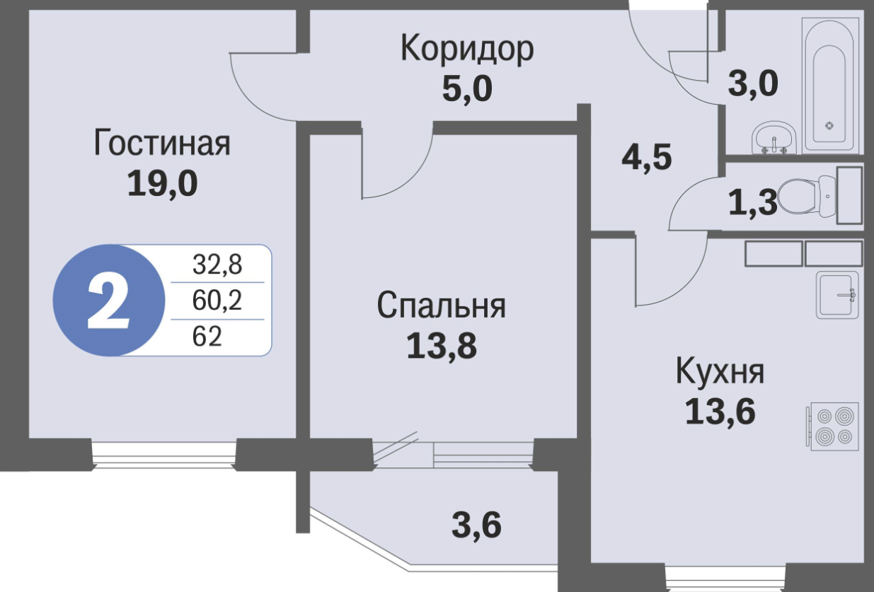 3 этаж 2-комнатн. 62 кв.м.